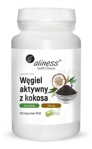 Węgiel aktywny z kokosa Food Grade 300 mg - 100 kapsułek Vege - ALINESS.jpg