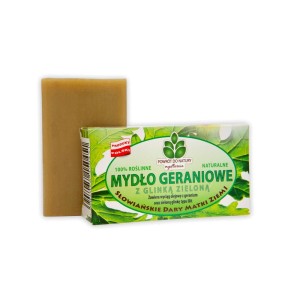 Naturalne mydło geraniowe z zieloną glinką 100% roślinne - Do skóry trądzikowej - Mydlarnia "Powrót do Natury" (NM)