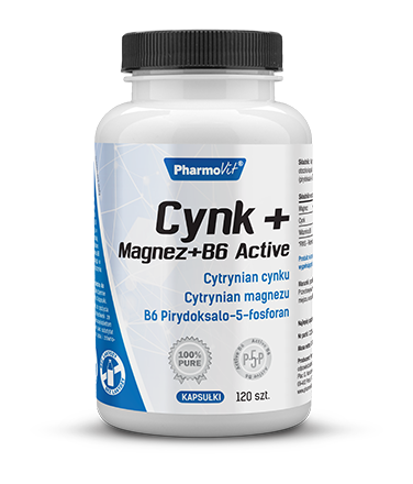 Cynk + Magnez + B6 Active 120 kapsułek - Kompozycja bio dostępnego, organicznego cynku i magnezu oraz aktywnej formy witaminy B6 - PHARMOVIT.png