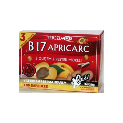 Witamina B17 Apricarc 180 kap B17 amigdalina letril Pestki moreli reishi boczniak Suplement diety Apricarc Witamina B17.jpg