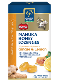 Cukierki z Miodem Manuka MGO™ 400+ i witaminą C, o smaku imbirowo-cytrynowym - Manuka Health